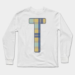 Monogram Letter T, Blue, Yellow and Grey Scottish Tartan Style Typography Design Long Sleeve T-Shirt